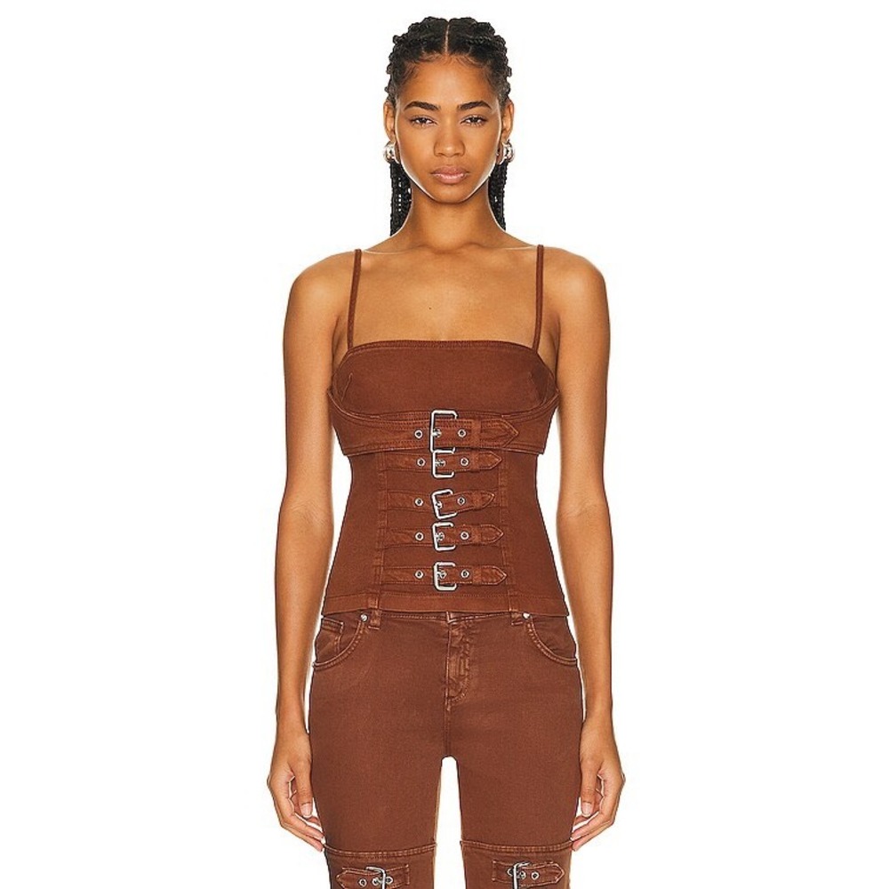 Blumarine Brown Buckle Front Cropped Tank Top Cotton Stretch 6